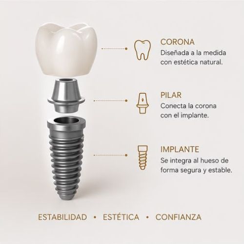 Partes del implante dental: corona, pilar e implante